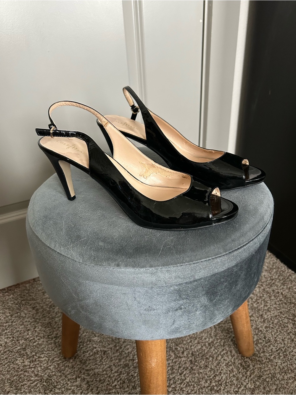 Cole Haan Black Patent Slingback Peep-Toe Heels